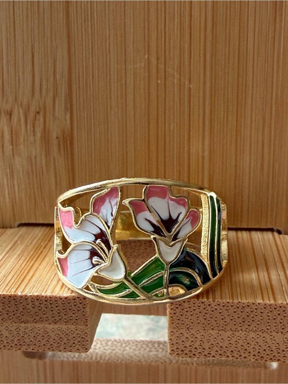 Gold Tone Hollowed-out Floral Enamel Ring - Pink, White & Green